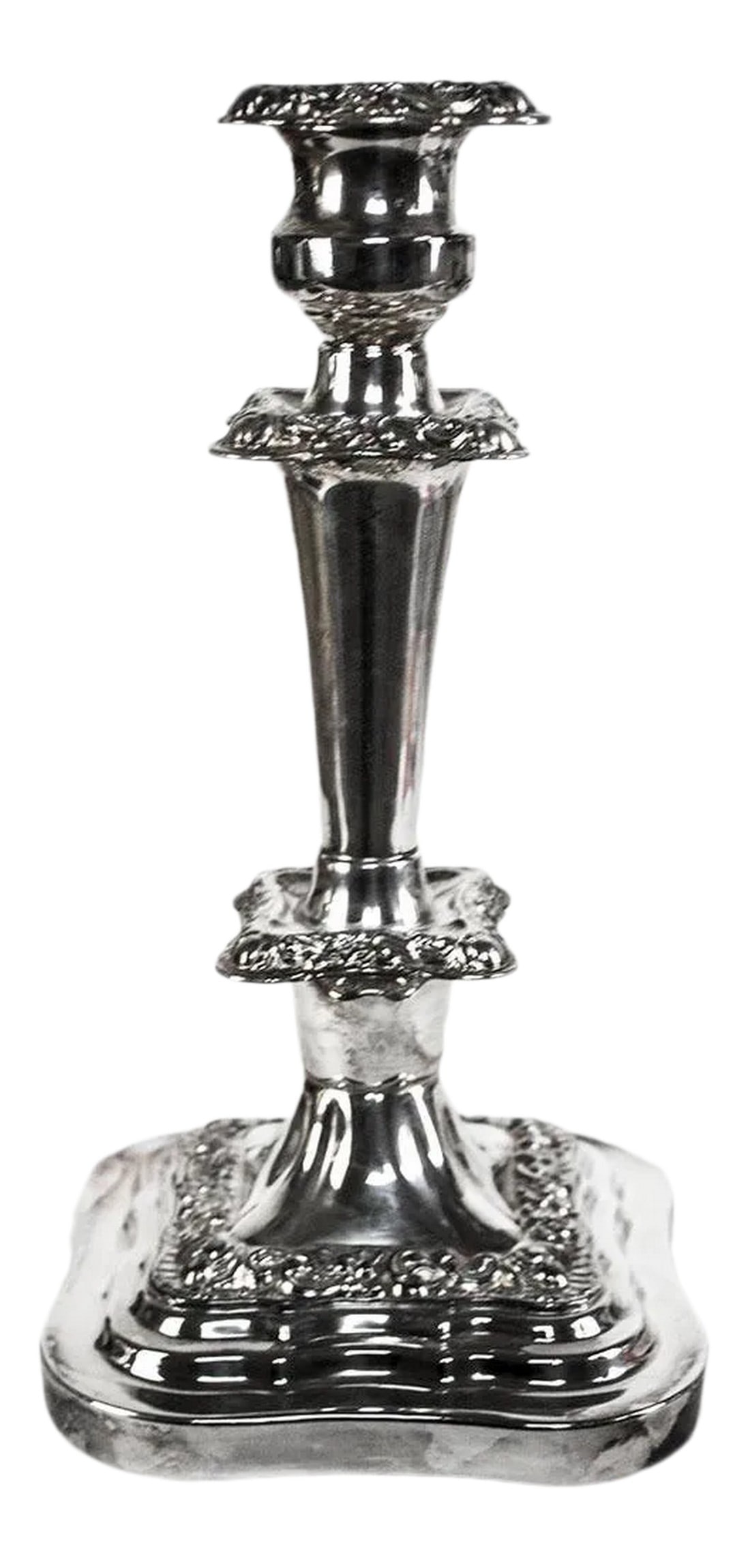 Vintage Silver Plate Candle Holder Marked Birmingham: Vintage ornate silver plate candle holder marked Birmingham accompanied by 4 hallmarks as shown in photo. Measures: 11 1/2" high x 6" square base Weight 2 1/2 lbs Condition: Alterations: Original