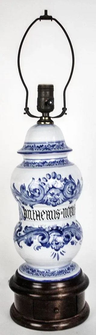 Vintage Blue & White Lamp With Latin Inscription - Secret Drawer - 8
