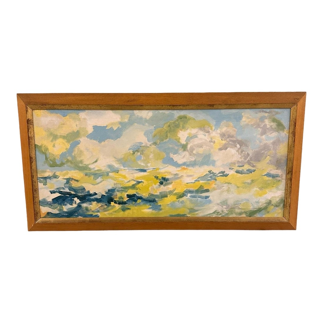 Large Framed Original Abstract Oil Painting of Sky - Unsigned: This richly framed abstract landscape painting captures a serene, timeless view rendered with soft brushwork and a warm, muted palette that invites a moment of quiet reflection. The painting itself