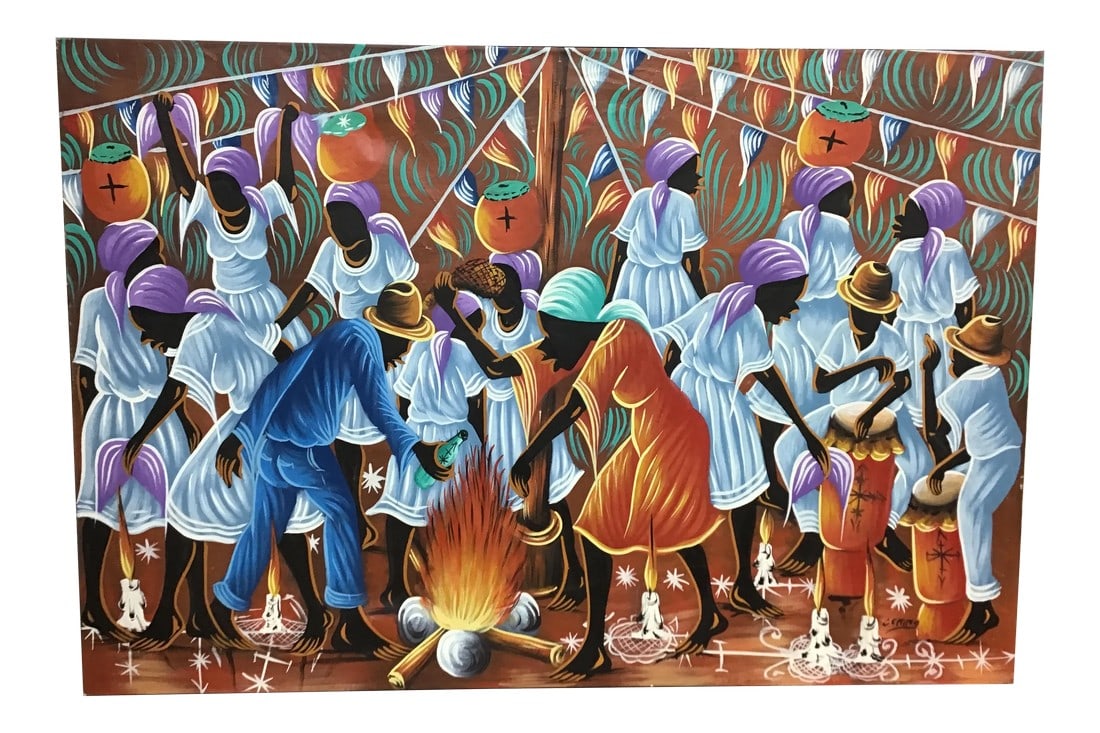 Large Vintage Haitian Painting: Very large scale Vintage Original Signed Oil Painting By Haitian Artist- Unframed depicting a colorful women around an outdoor fire pit. Condition: Alterations: Original Condition Unaltered