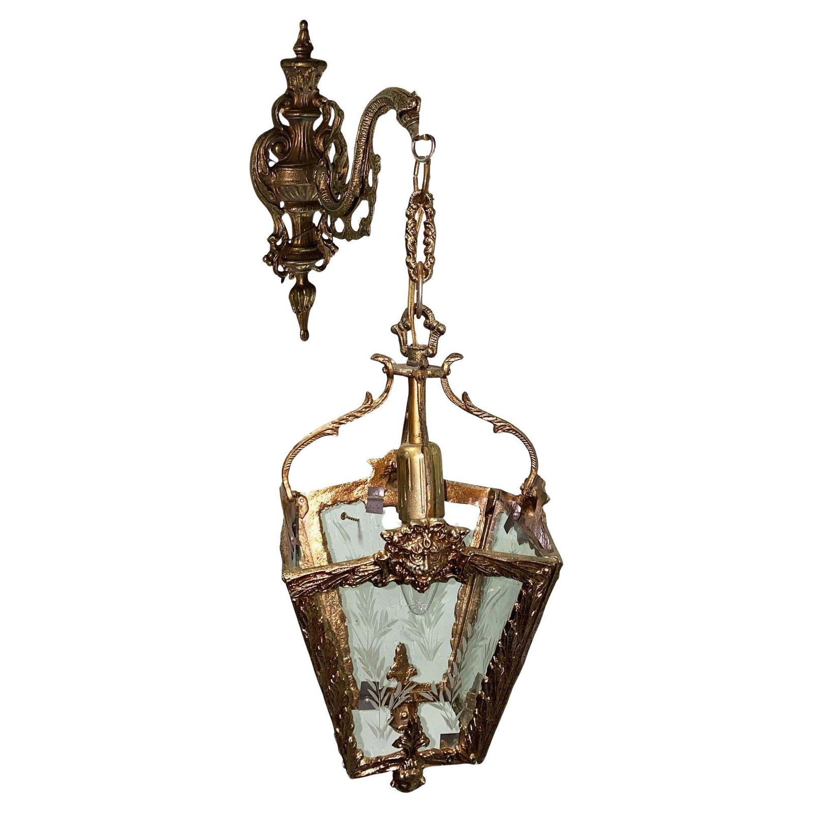 Italian Rococco Style Brass Lantern Hanging Wall Sconce w/ Etched Glass Panels (1 of 20)