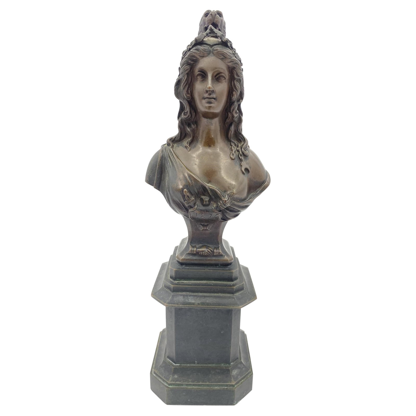 Late Victorian "1870" Semi-Nude Bronze Female Bust: Title: Late Victorian "1870" Semi-Nude Bronze Female Bust Description: Late Victorian "1870" semi-nude bronze female bust featuring a European dressed women with dress and a bare breast exposed on a