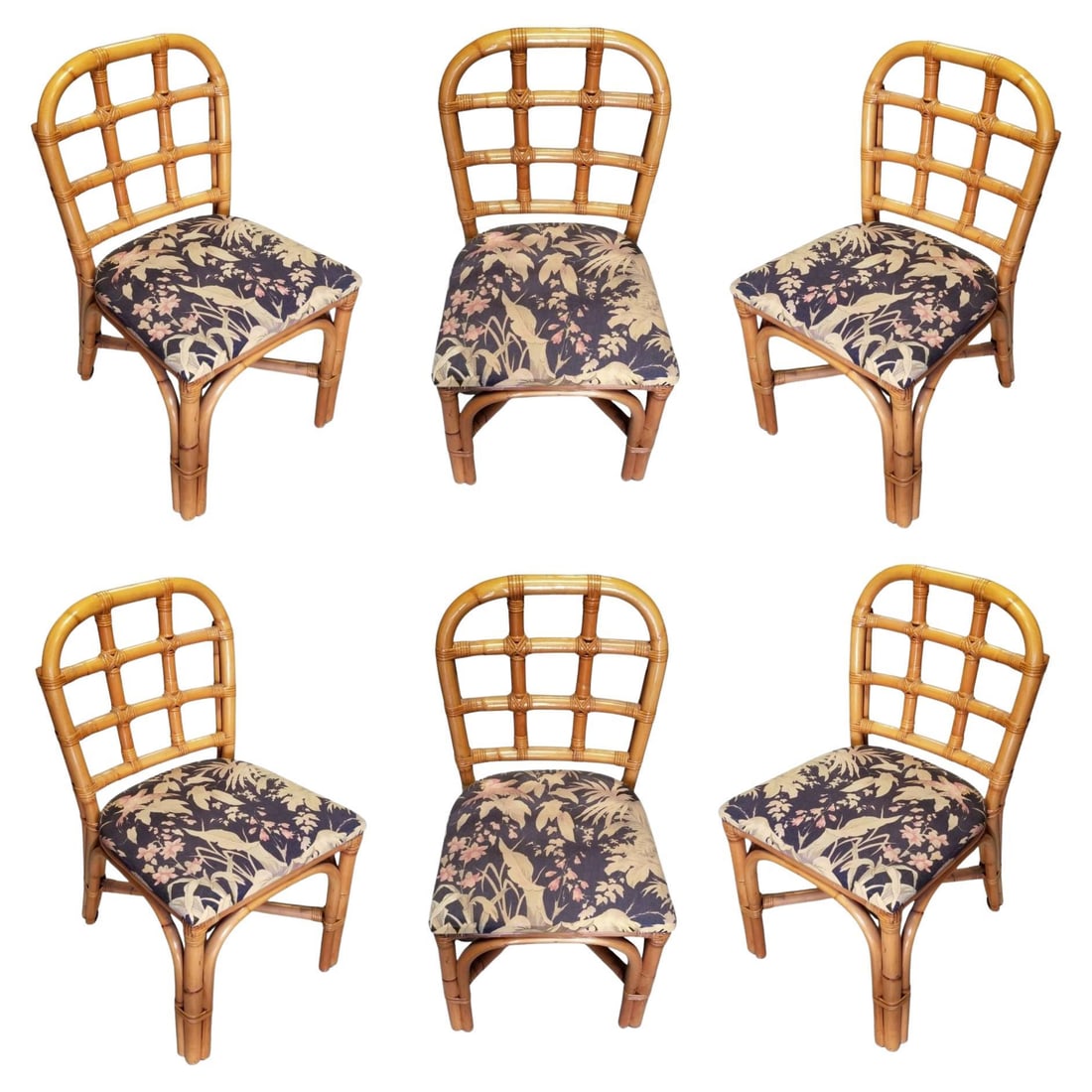 Restored Rattan Dining Chairs set w/ Tic-Tac-Toe Back, Set of 6 (1 of 6)
