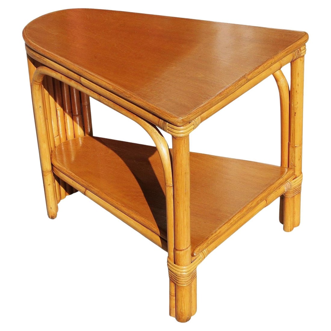 Restored Two-Tier Rattan Wedge Table w/ Mahogany Top (1 of 6)