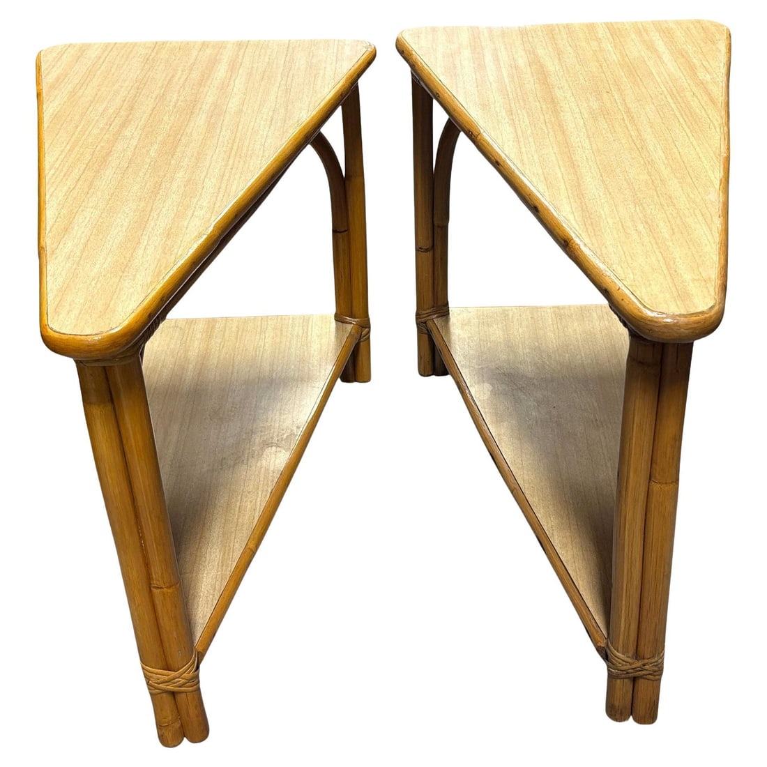 Restored MCM Rattan & Formica 2-Tiered High Arch 3-Strand Wedge Side Table, Pair (1 of 18)