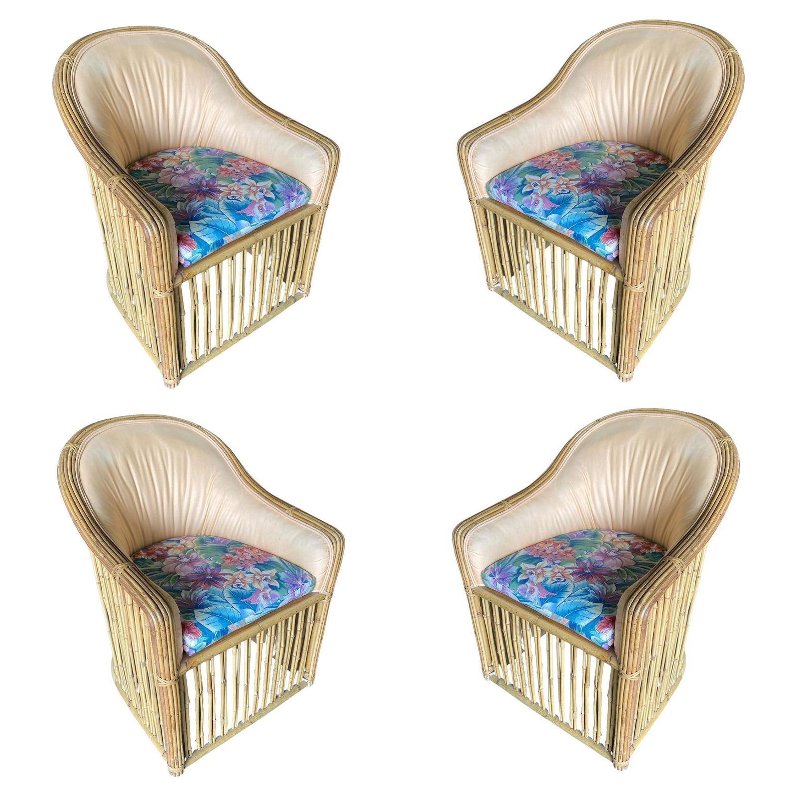 Set of Four Pencil Reed Rattan Armchair, Restored, 1970s (1 of 19)