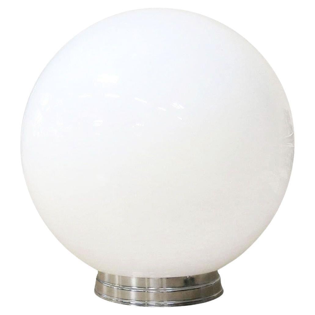 1930 Round Art Deco School House Milk Glass Ceiling Globe w Flush Celing Fixture: Title: 1930 Round Art Deco School House Milk Glass Ceiling Globe w Flush Celing Fixture Description: Large 17" Art Deco minimalist school house ceiling pendant. The fixtures features a white globe