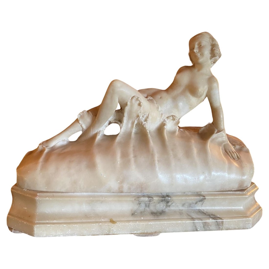 Hand Carved Nude Light Alabaster Glamour Sculpture, Circa 1920: Title: Hand Carved Nude Light Alabaster Glamour Sculpture, Circa 1920 Description: Original hand-carved nude light alabaster glamour sculpture featuring young nude women laying down in the ocean waves