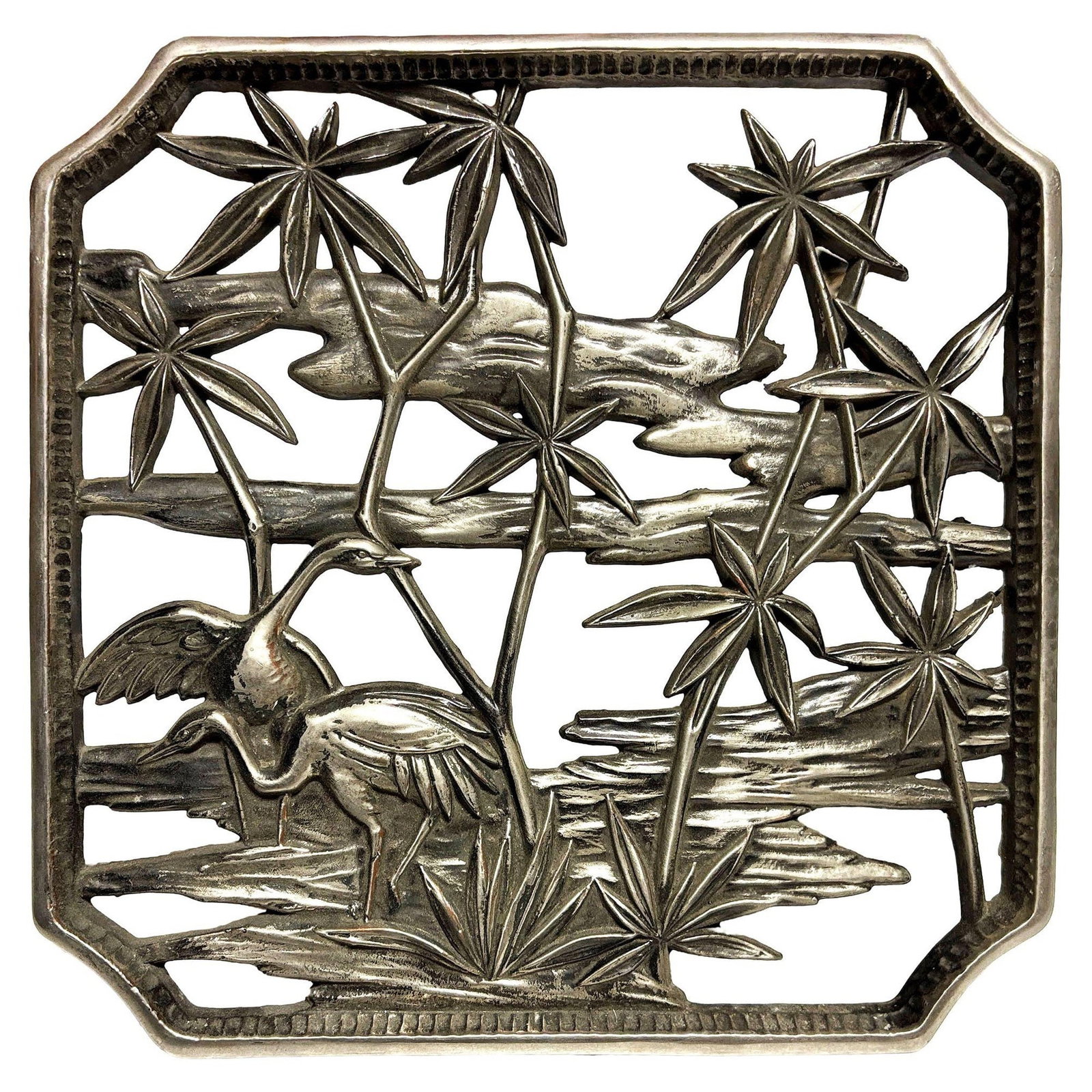 Mid-century Tropical Cranes in Water Scene Metal Wall Scupture by Syroco (1 of 19)