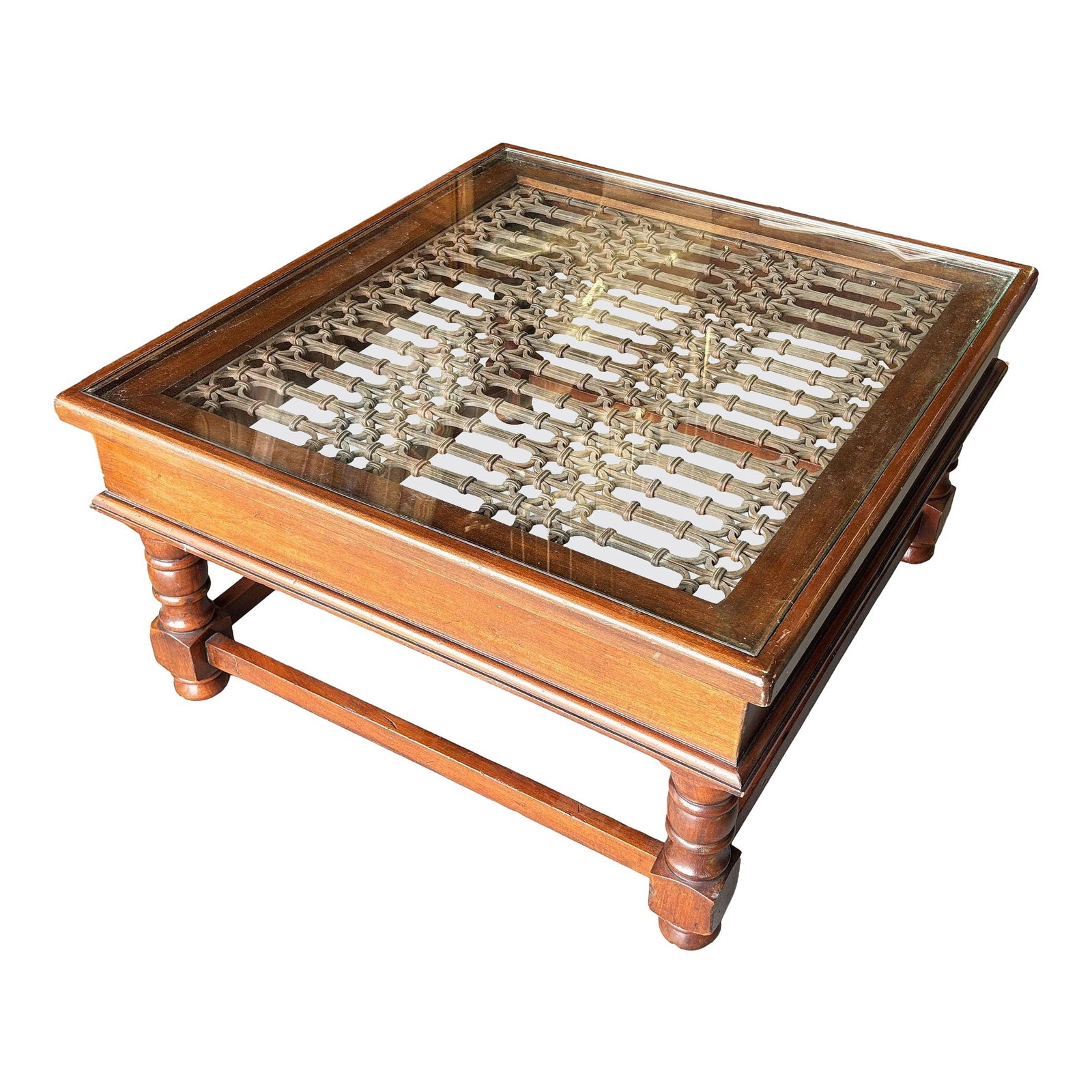 Anglo-Indian Modern Carved Sheesham Wood, Glass & Iron Window Coffee Table: Title: Anglo-Indian Modern Carved Sheesham Wood, Glass & Iron Window Coffee Table Description: A striking example of late 20th century Anglo-Indian furniture, this coffee table seamlessly blends India