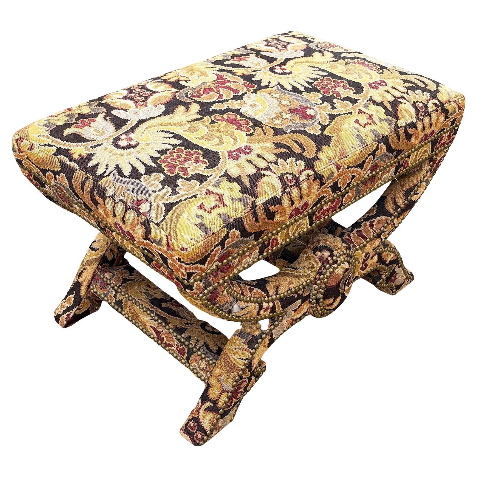 Bespoke Tapestry Upholstery X Bases Studded Nailhead Bench by Billy Baldwin (1 of 6)
