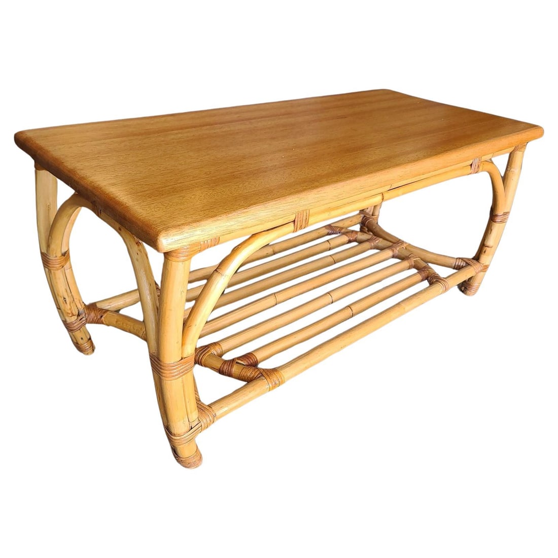 Restored Two-Tier Rattan Coffee Table with Mahogany Top & Pole Bottom (1 of 18)
