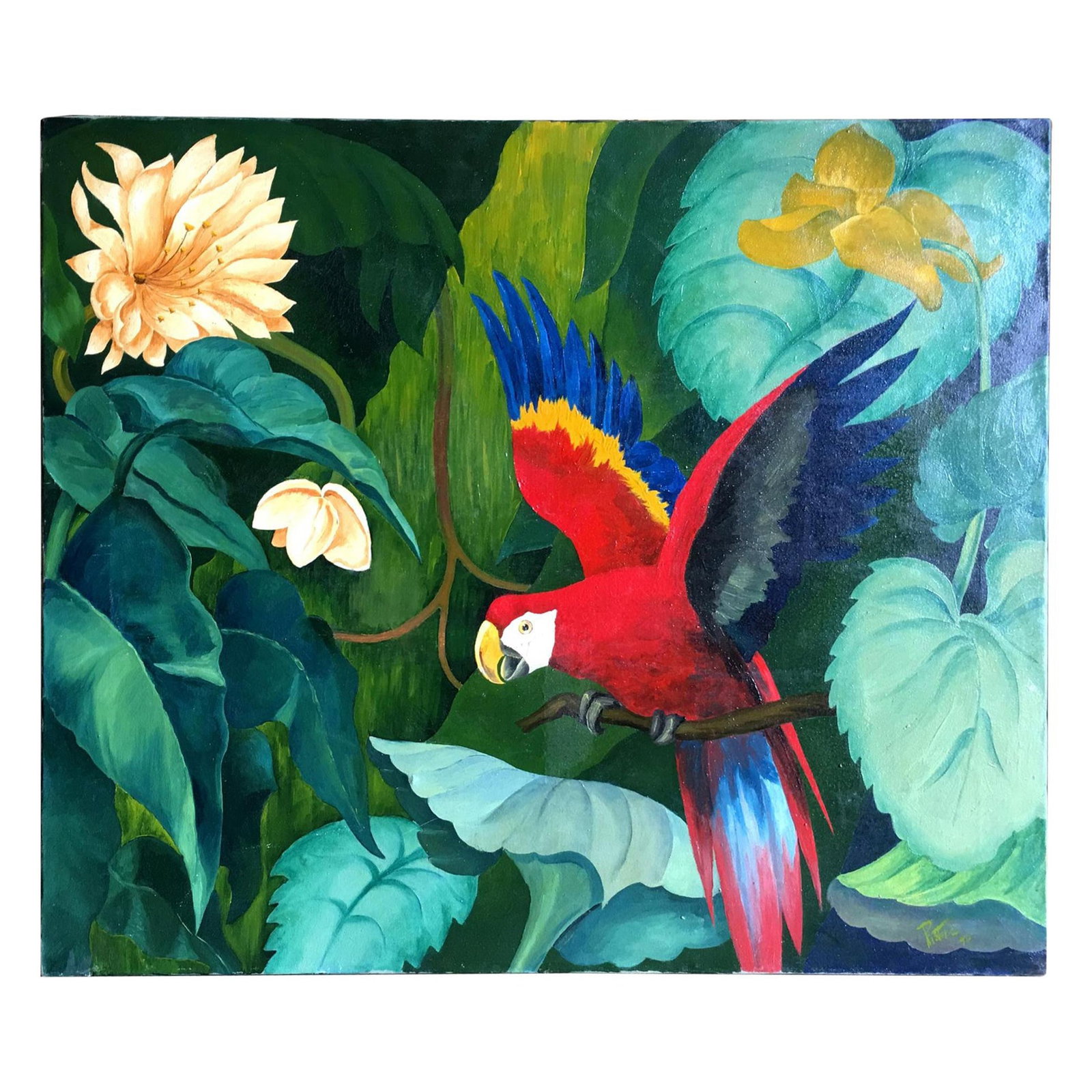Large Tropical Hawaiian Scenic w Parrot Oil on Canvas Signed Pia Tole 1946 (1 of 18)