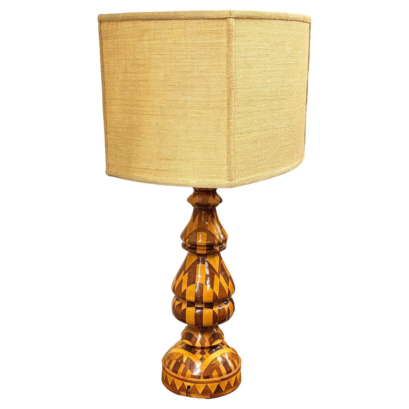 Mid-Century Hand Turned Segmented Marquetry Inlay Mosaic Table Lamp w/ Shade (1 of 19)