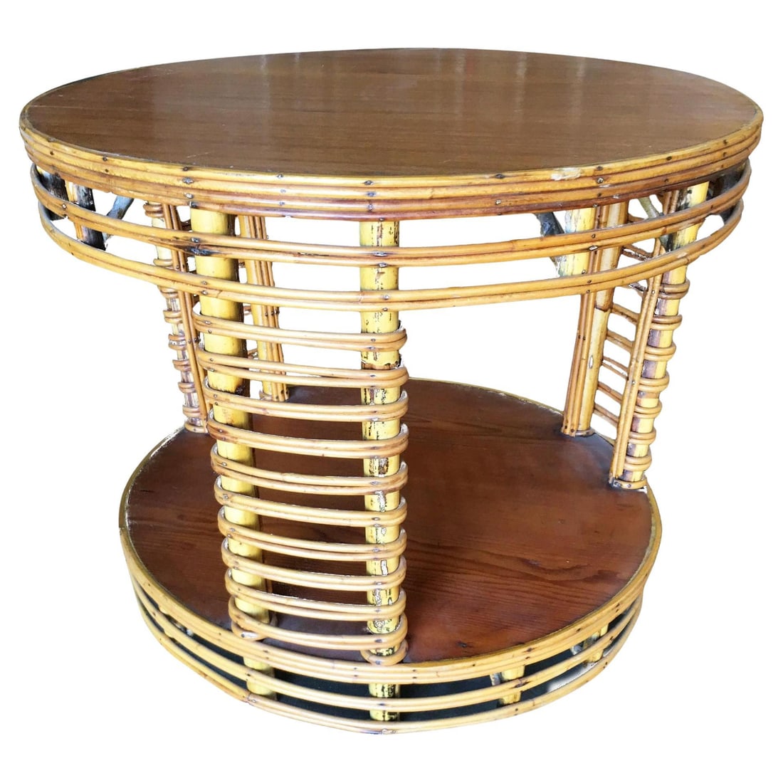 Restored MCM Two Tier Round Stick Reed Rattan Coffee Table With Mahogany (1 of 1)