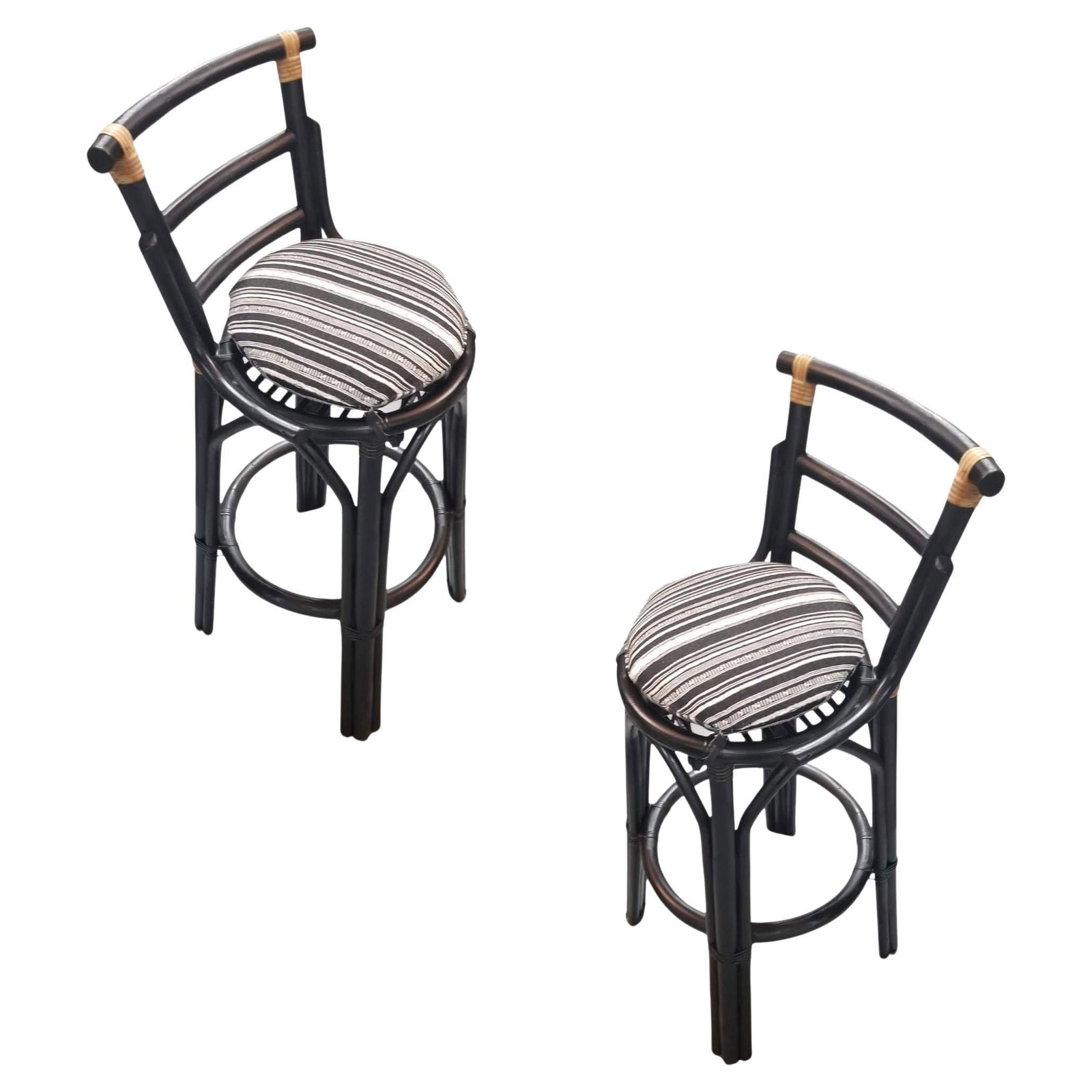 Restored Black Rattan Bar Stools Pair in the style of John Wisner (1 of 6)