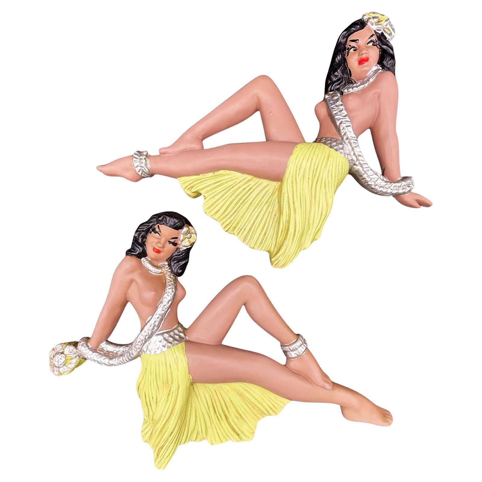 MCM Hawaiian Art Pottery Nude Pin-up Yellow Hula Girl Wall Sculpture, Pair: Title: MCM Hawaiian Art Pottery Nude Pin-up Yellow Hula Girl Wall Sculpture, Pair Description: Original pair of California Art Pottery Nude Hawaiian Hula girl wall sculptures. Each sculpture features 