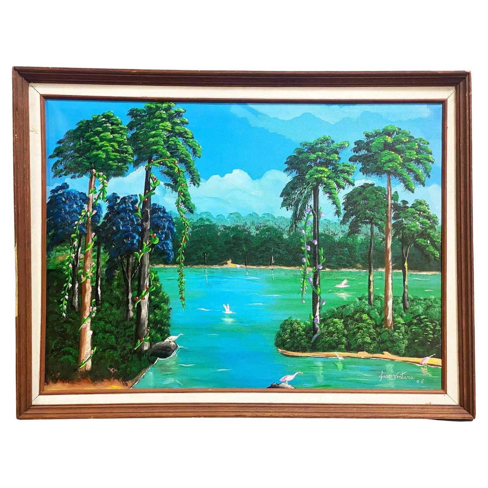 Large Tropical Hawaiian Scenic with Flamingos Oil on Canvas Signed (1 of 20)