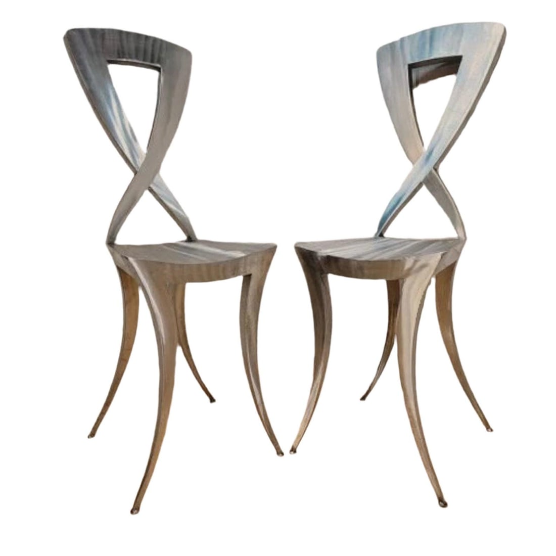Vintage Italian Modern Sculptural Stainless Steel Silhouette Klismos Style High Chairs - Pair: Title: Vintage Italian Modern Sculptural Stainless Steel Silhouette Klismos Style High Chairs - Pair Description: Vintage Italian Modern Sculptural Stainless Steel Silhouette Klismos Style High
