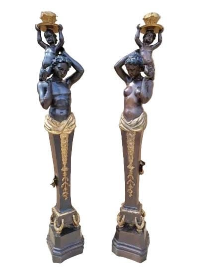 Antique French Figural Torchiere Floor Lamps - Pair: Title: Antique French Figural Torchiere Floor Lamps - Pair Description: Antique Monumental French Gold Gilded Accent Male & Female Three Quarter Bust, Holding A Bronze Putti, Electrified Torchiere
