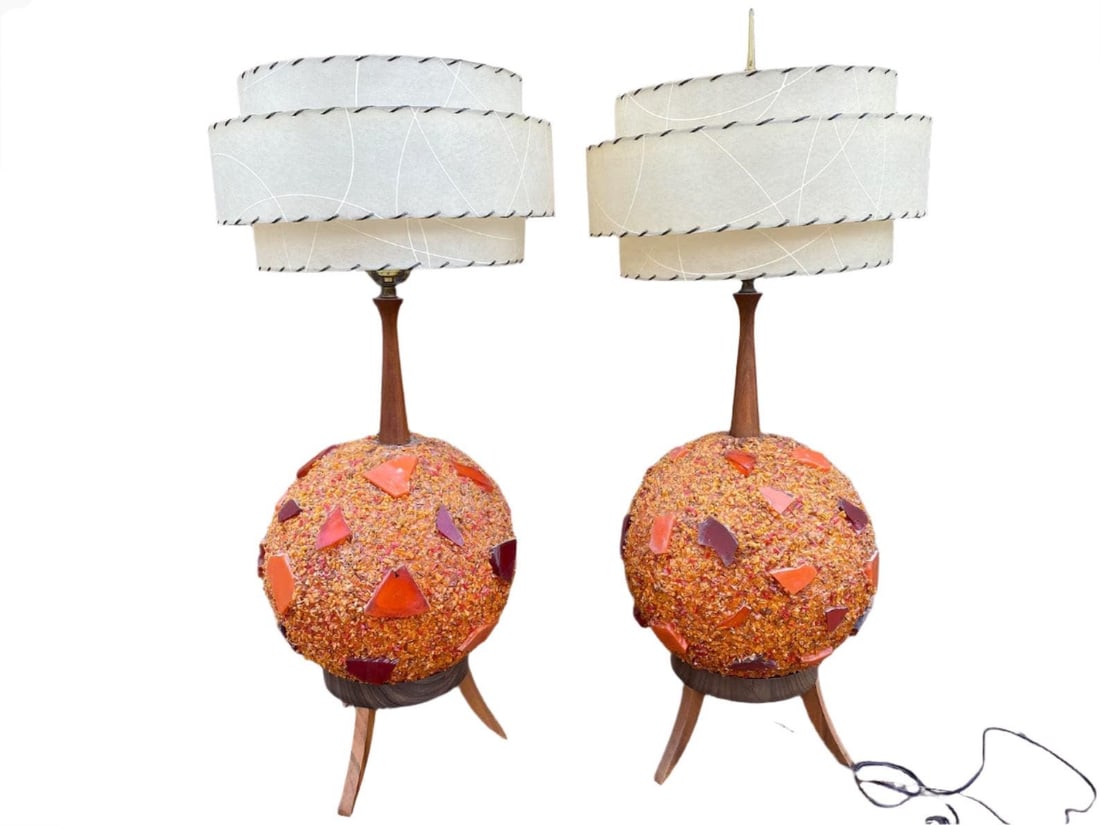 MCM Chunky Lucite Orange Rock Candy Swag Ball Table Lamp - Pair (1 of 7)