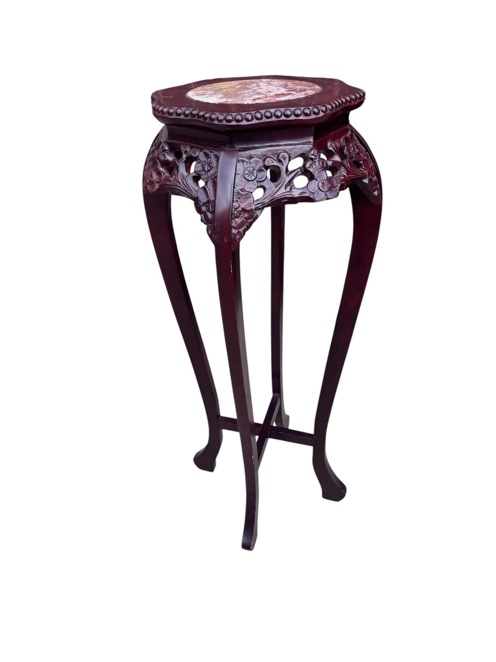 Antique Chinese Carved Marble Top Rosewood Pedestal Stand Table (1 of 7)