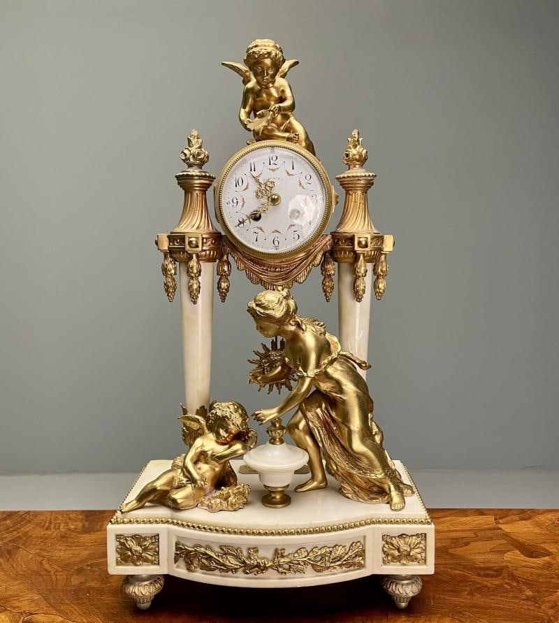 Louis XVI Style, Clock Garniture, Gilt Bronze, Marble, France, 1920s - 2