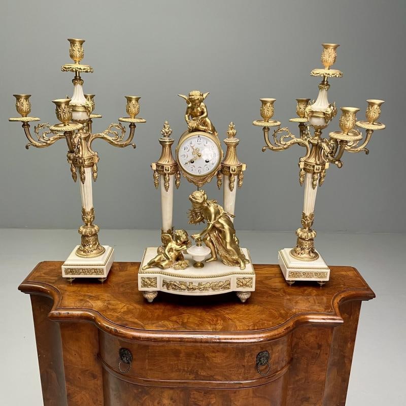 Louis XVI Style, Clock Garniture, Gilt Bronze, Marble, France, 1920s - 3