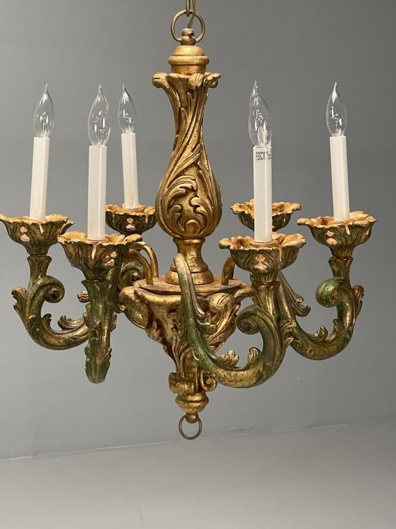 Rococo, Baroque, Italian Six Light Chandelier, Parcel Paint, Gilt, Italy, 1970s - 4