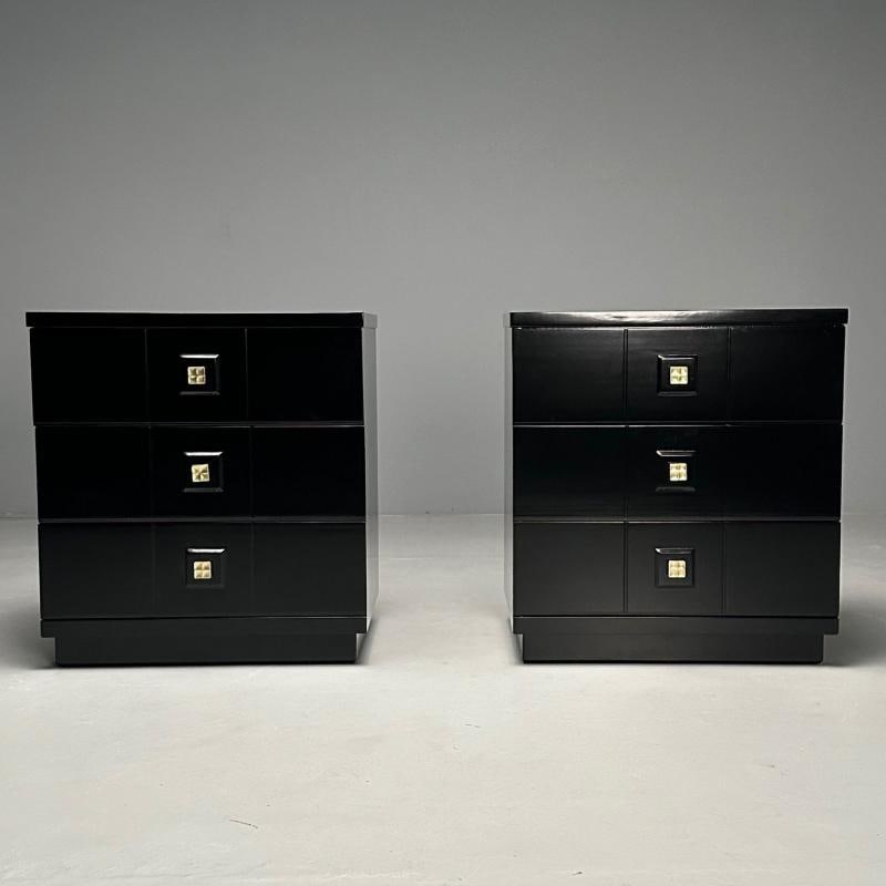 Mid-Century Modern, Nightstands, Chests, Black Lacquer, Brass, USA, 1970s - 2