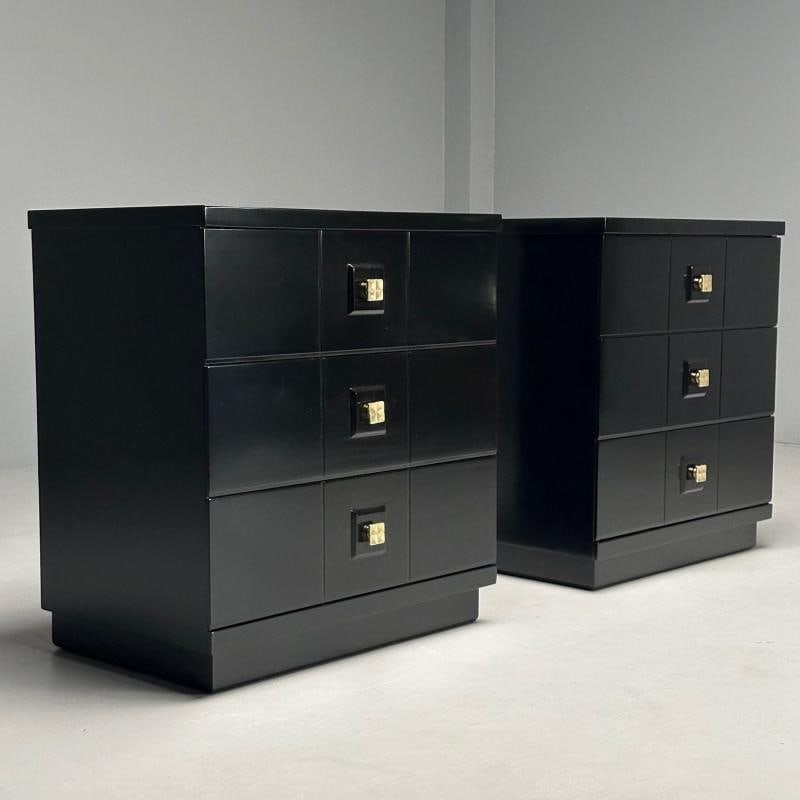 Mid-Century Modern, Nightstands, Chests, Black Lacquer, Brass, USA, 1970s - 5