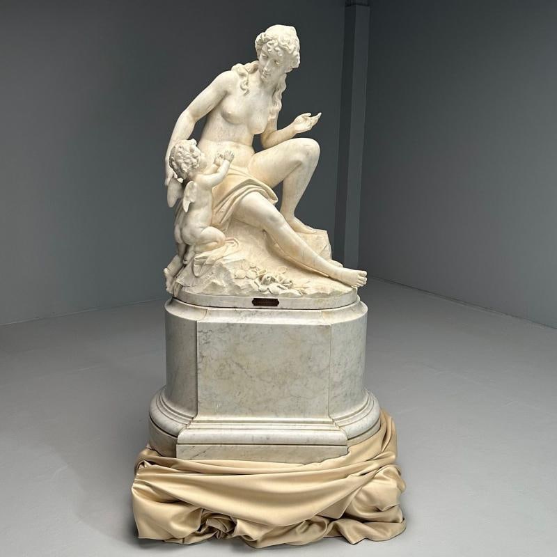 Jean-Marie Boucher, Venus and Cupid Marble Statue, White Marble, Romantic, 1910 - 3