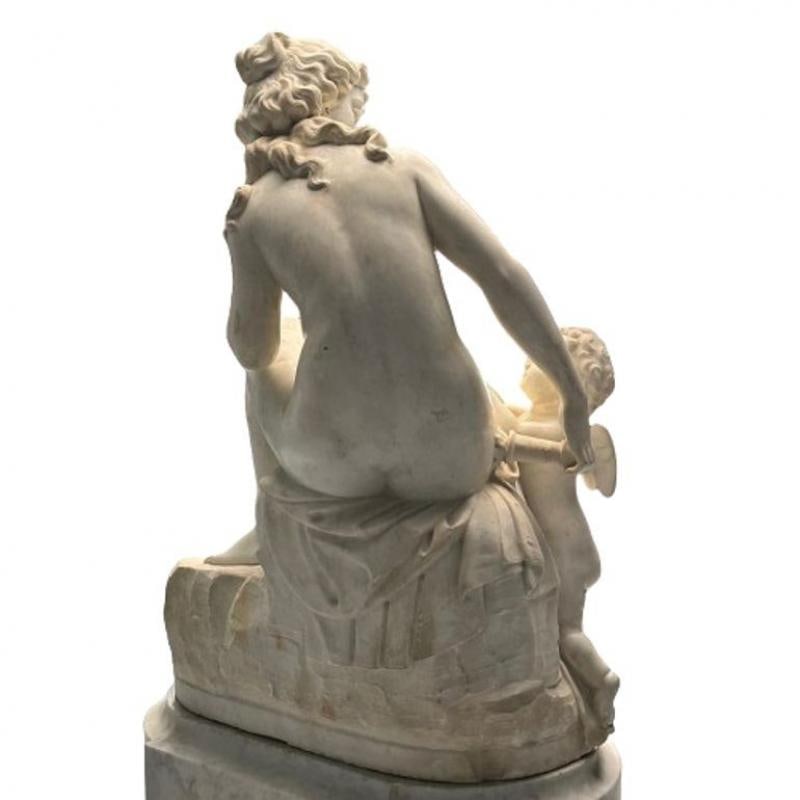 Jean-Marie Boucher, Venus and Cupid Marble Statue, White Marble, Romantic, 1910 - 7