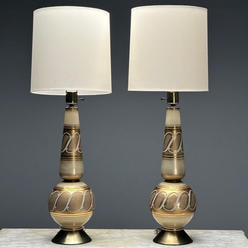 Italian Mid-Century Modern, Large Table Lamps, Gold Glass, Brass, Italy, 1960s - 2