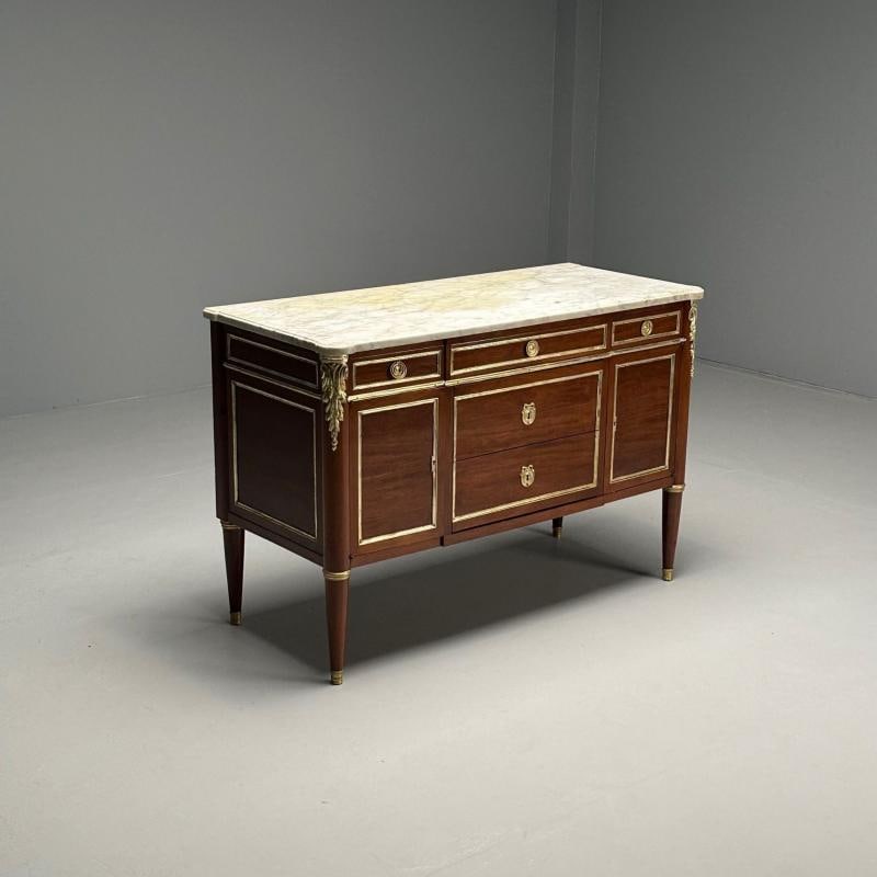 Hollywood Regency, French Louis XVI Style Commode, Mahogany, Oak, Marble, 1920s - 2