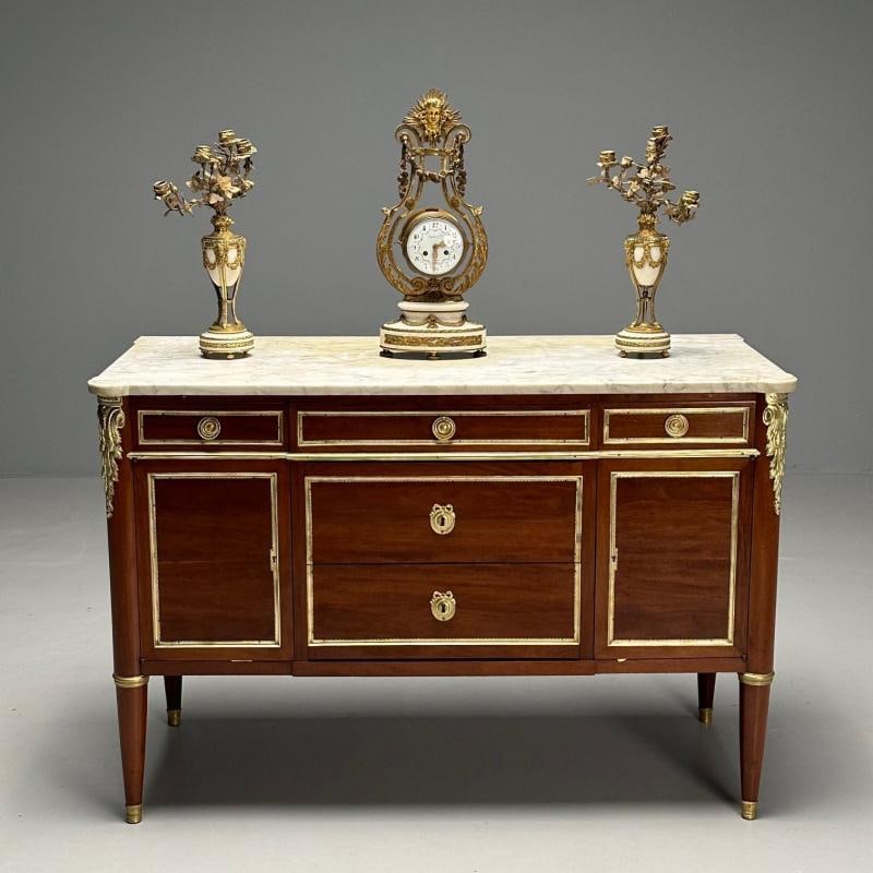 Hollywood Regency, French Louis XVI Style Commode, Mahogany, Oak, Marble, 1920s - 3