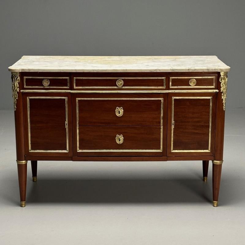 Hollywood Regency, French Louis XVI Style Commode, Mahogany, Oak, Marble, 1920s - 4