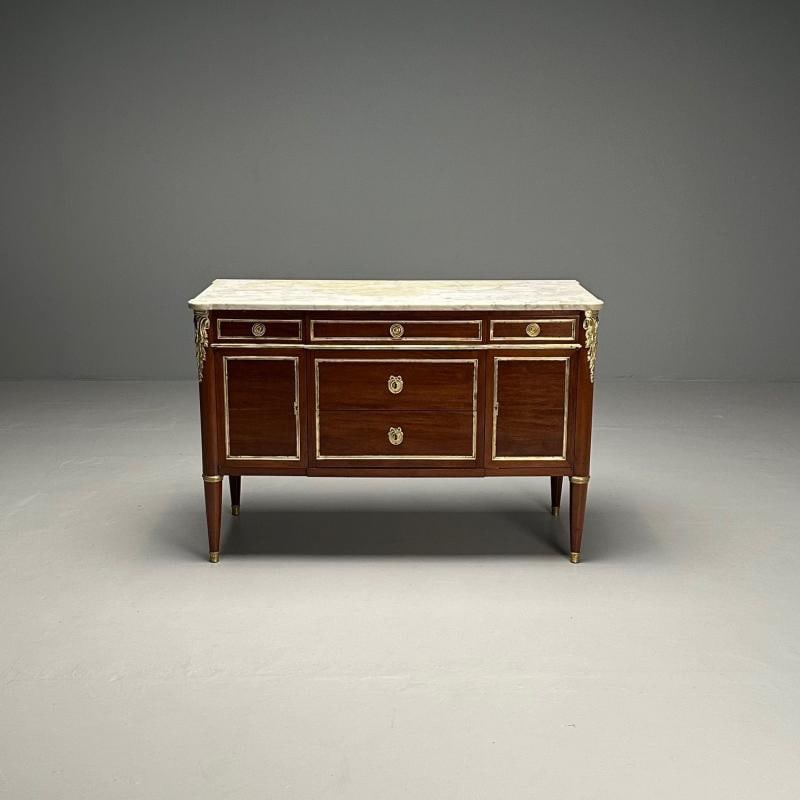 Hollywood Regency, French Louis XVI Style Commode, Mahogany, Oak, Marble, 1920s - 5
