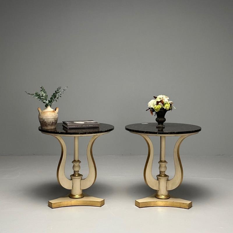 Regency, Side Tables, Pedestals, Ivory Paint, Giltwood, Marble Tops, USA, 1960s - 2