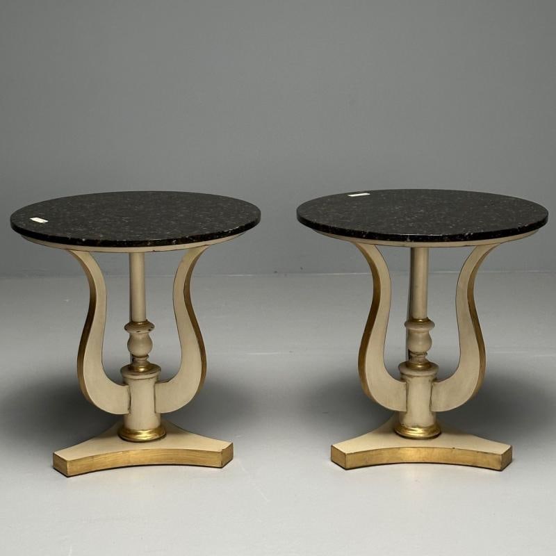 Regency, Side Tables, Pedestals, Ivory Paint, Giltwood, Marble Tops, USA, 1960s - 3