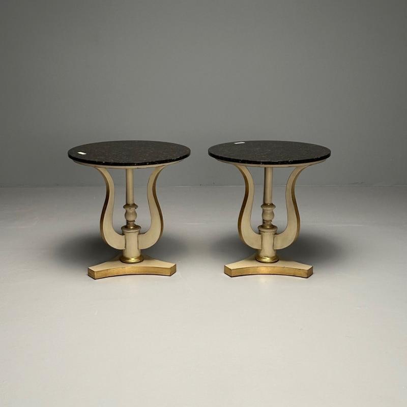 Regency, Side Tables, Pedestals, Ivory Paint, Giltwood, Marble Tops, USA, 1960s - 4