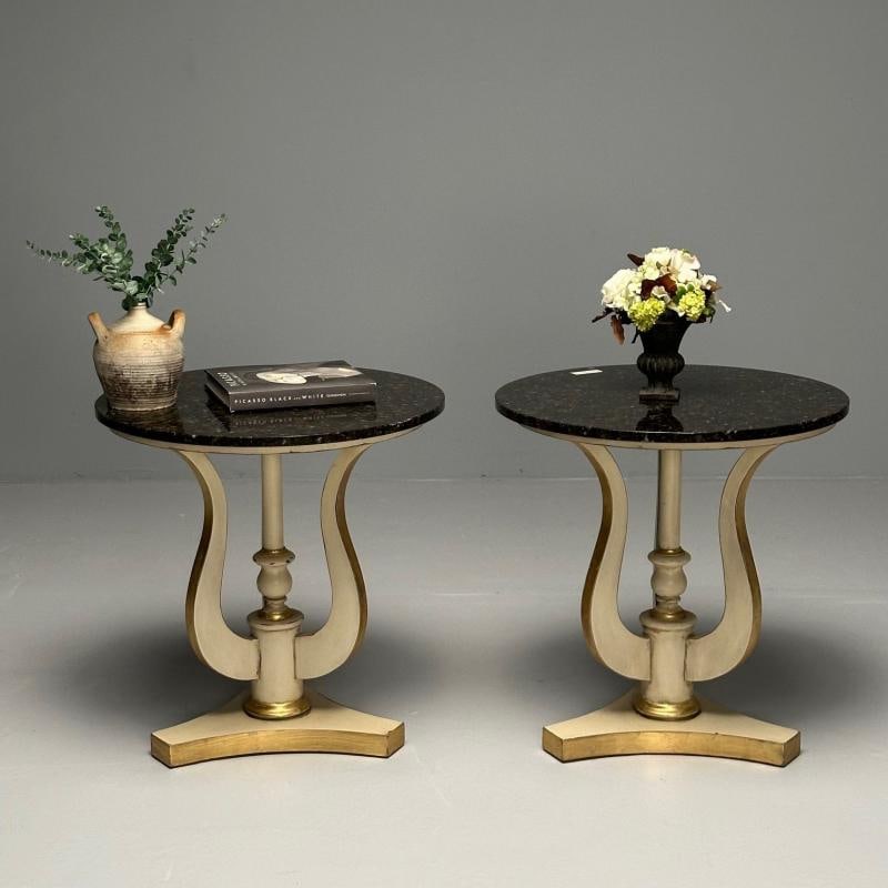 Regency, Side Tables, Pedestals, Ivory Paint, Giltwood, Marble Tops, USA, 1960s - 6