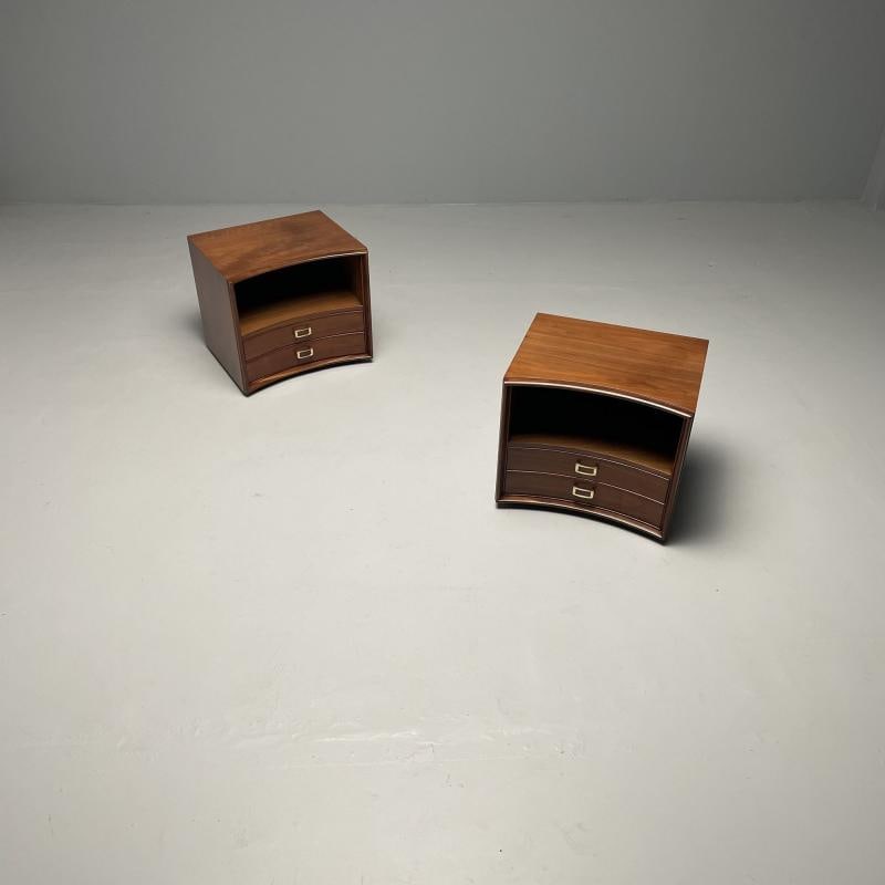 Paul Frankl, Mid-Century Modern, Concave Nightstands, Walnut, Brass, USA 1950s - 2