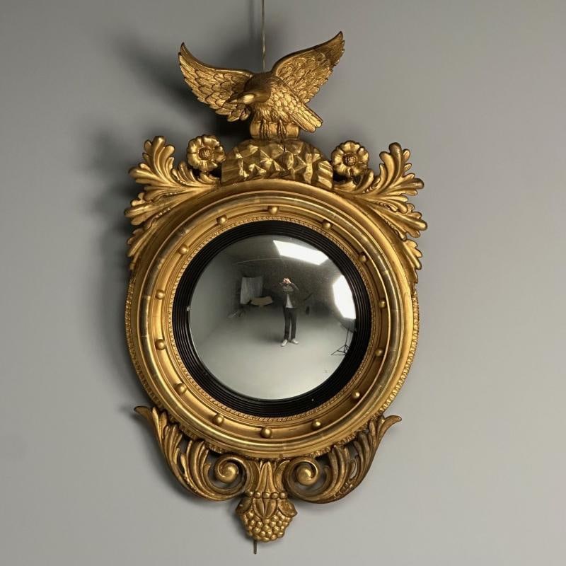 Regency, Circular Convex Wall Mirror, Giltwood, Eagle Motif, USA, 1950s - 2