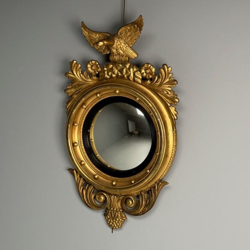 Regency, Circular Convex Wall Mirror, Giltwood, Eagle Motif, USA, 1950s - 3