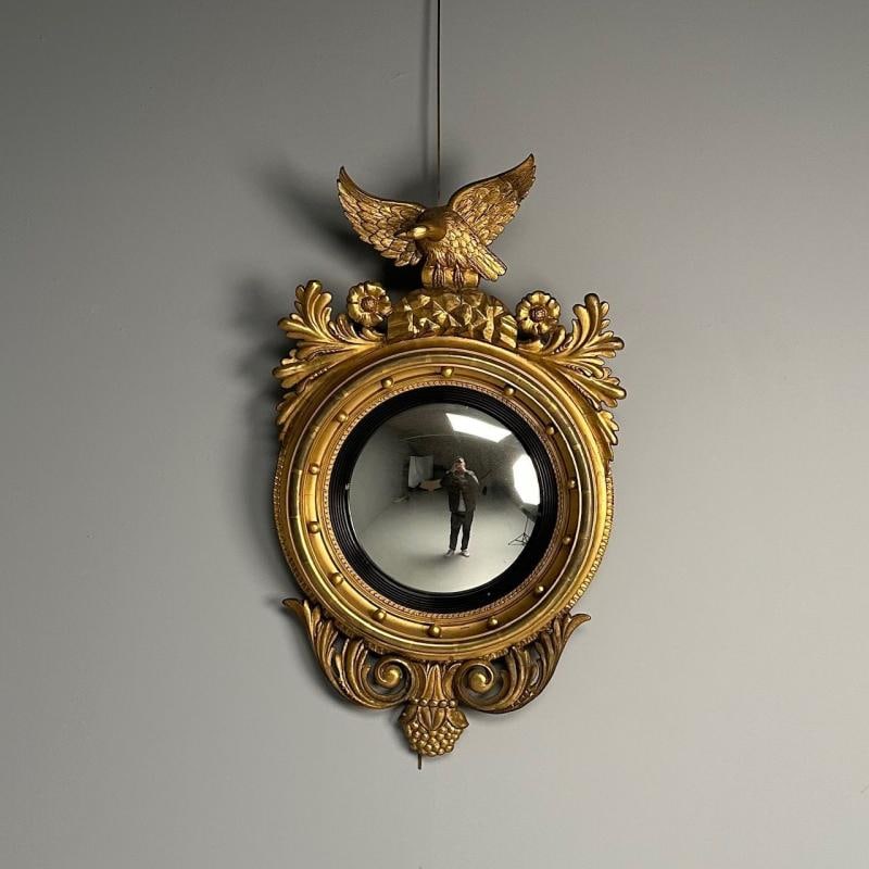 Regency, Circular Convex Wall Mirror, Giltwood, Eagle Motif, USA, 1950s - 4