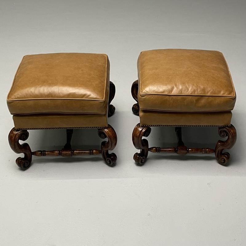 Georgian, Cabriole Leg Ottomans, Tan Leather, Wood, USA, 2000s - 10