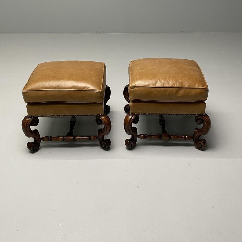 Georgian, Cabriole Leg Ottomans, Tan Leather, Wood, USA, 2000s - 2