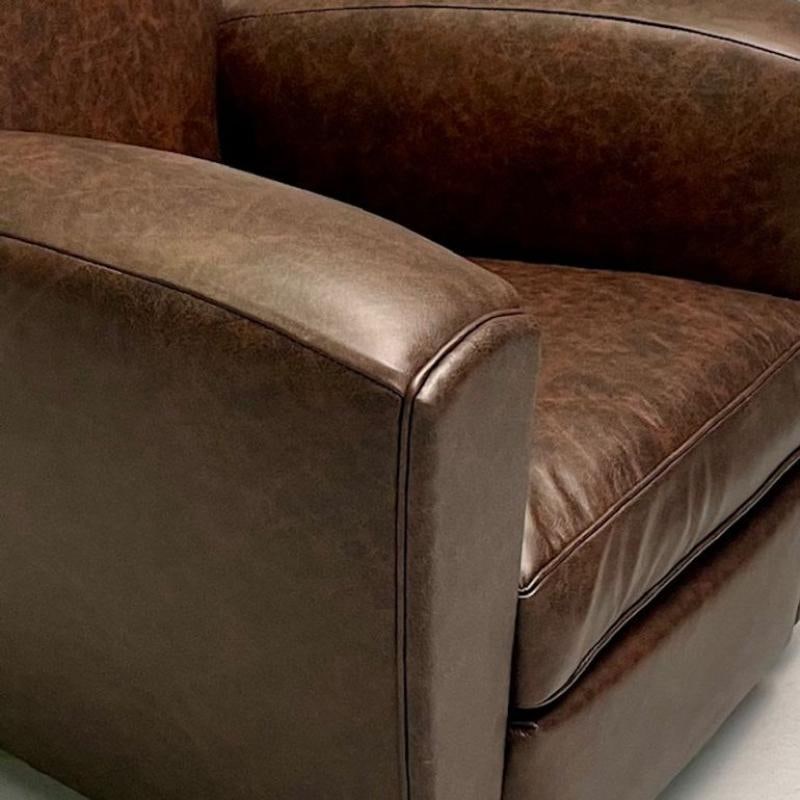 Jacques Adnet Style, French Art Deco Club Chairs, Distressed Leather, Oak, 1930s - 10