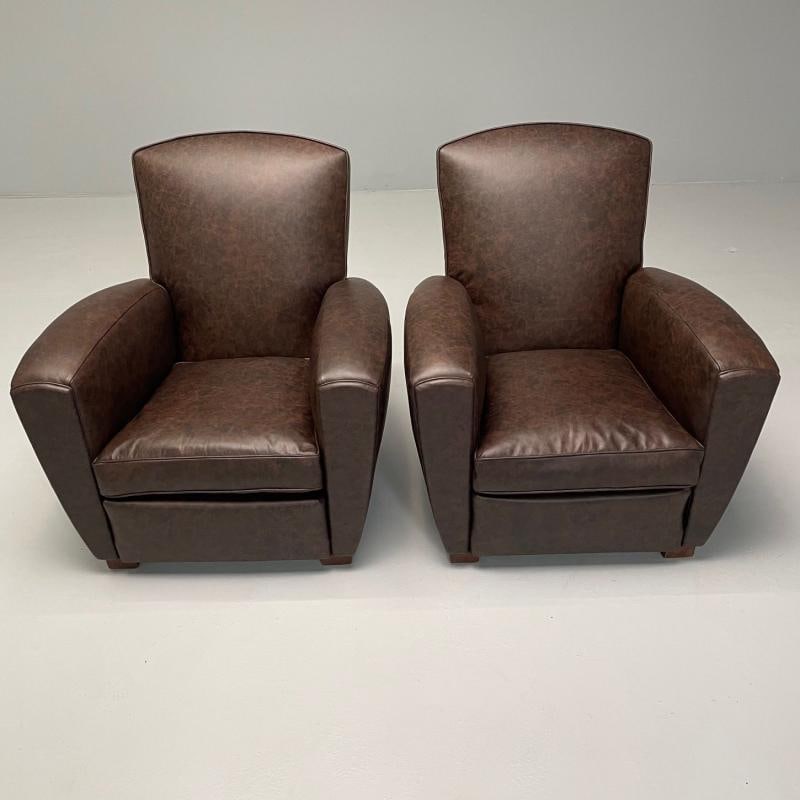 Jacques Adnet Style, French Art Deco Club Chairs, Distressed Leather, Oak, 1930s - 2